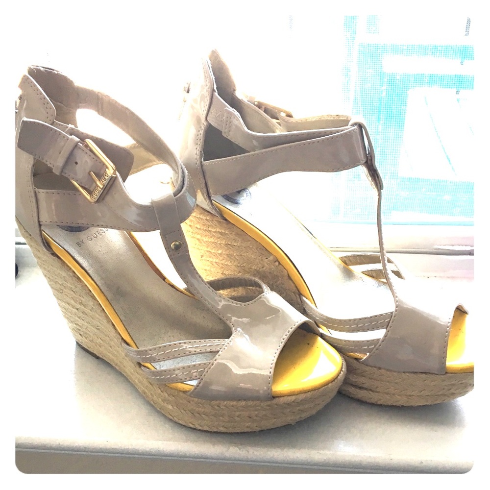 Putty colored patent leather wedges